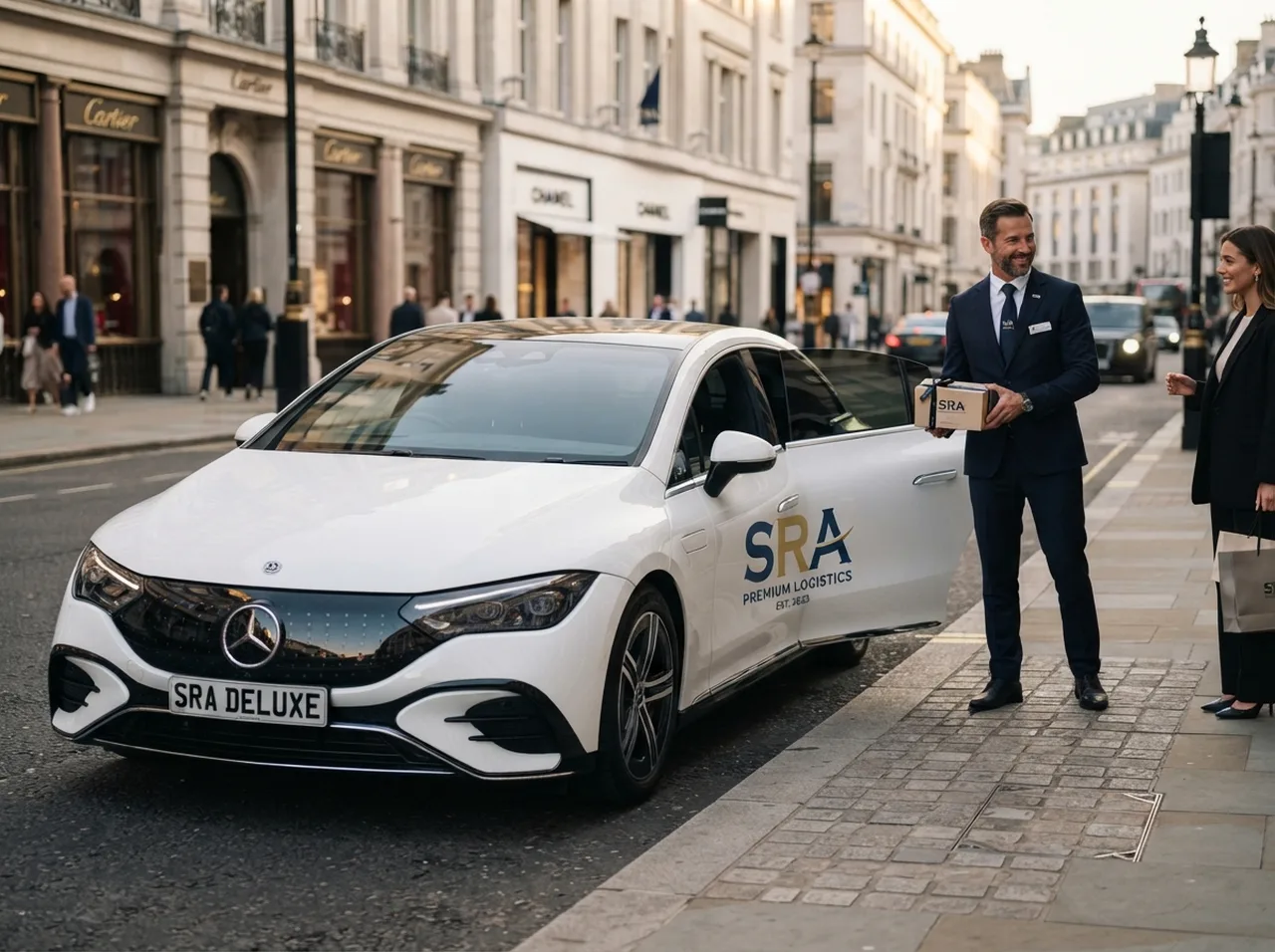 Berline blanche aux couleurs SRA, un chauffeur remet un colis à une cliente