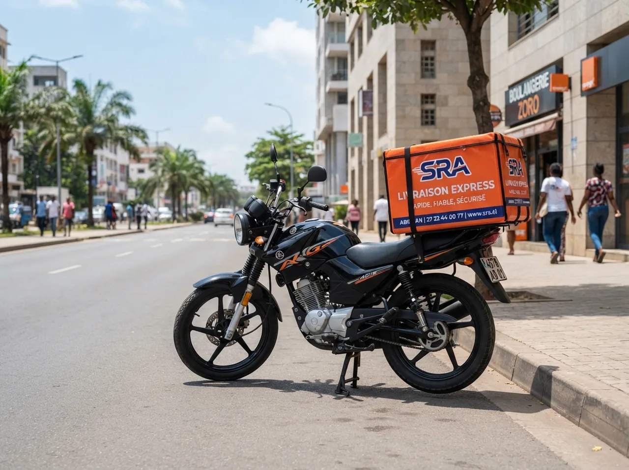 Moto de livraison SRA avec top-case orange stationnée dans une rue d'Abidjan